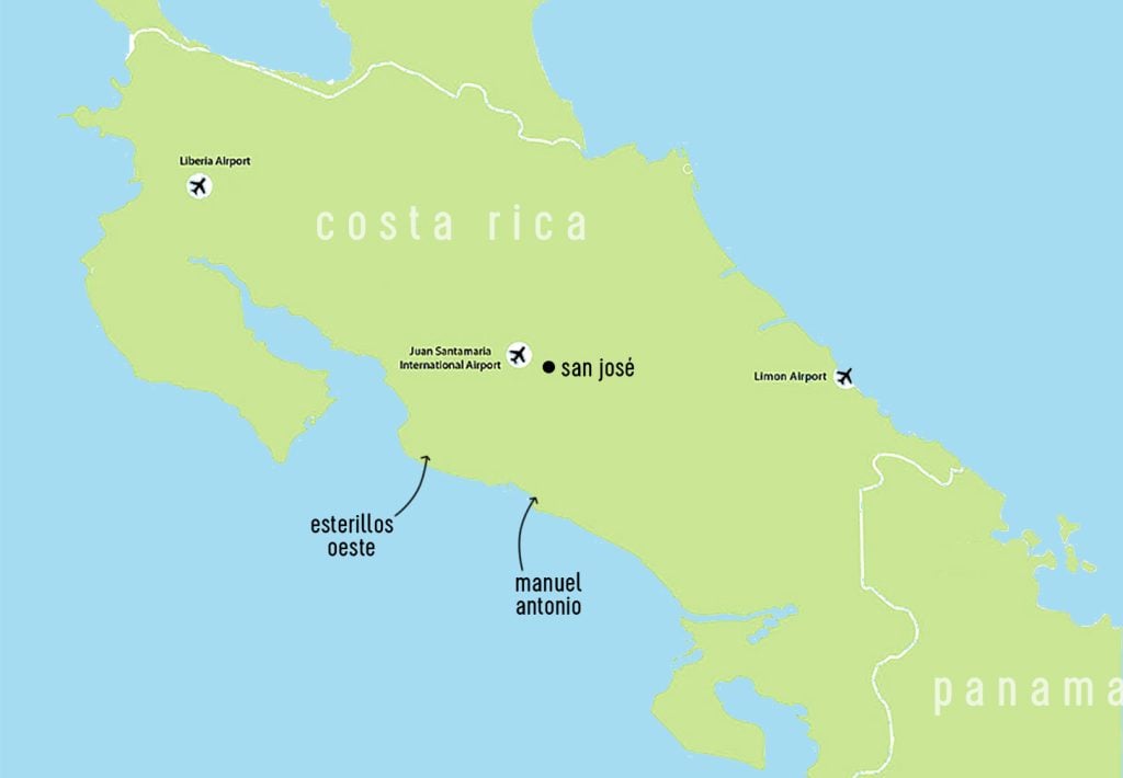 Costa Rica Map With Esterillos Oeste and Manuel Antonio labeled
