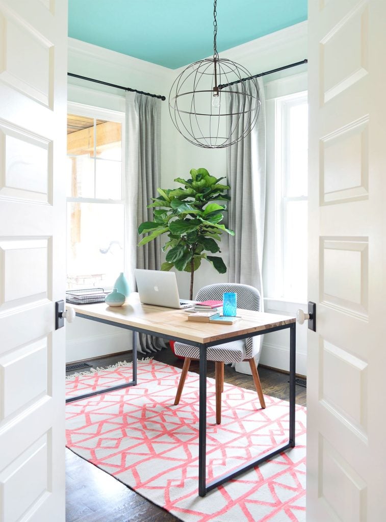 Modern Home Office With Blue Ceiling And Simply White Walls