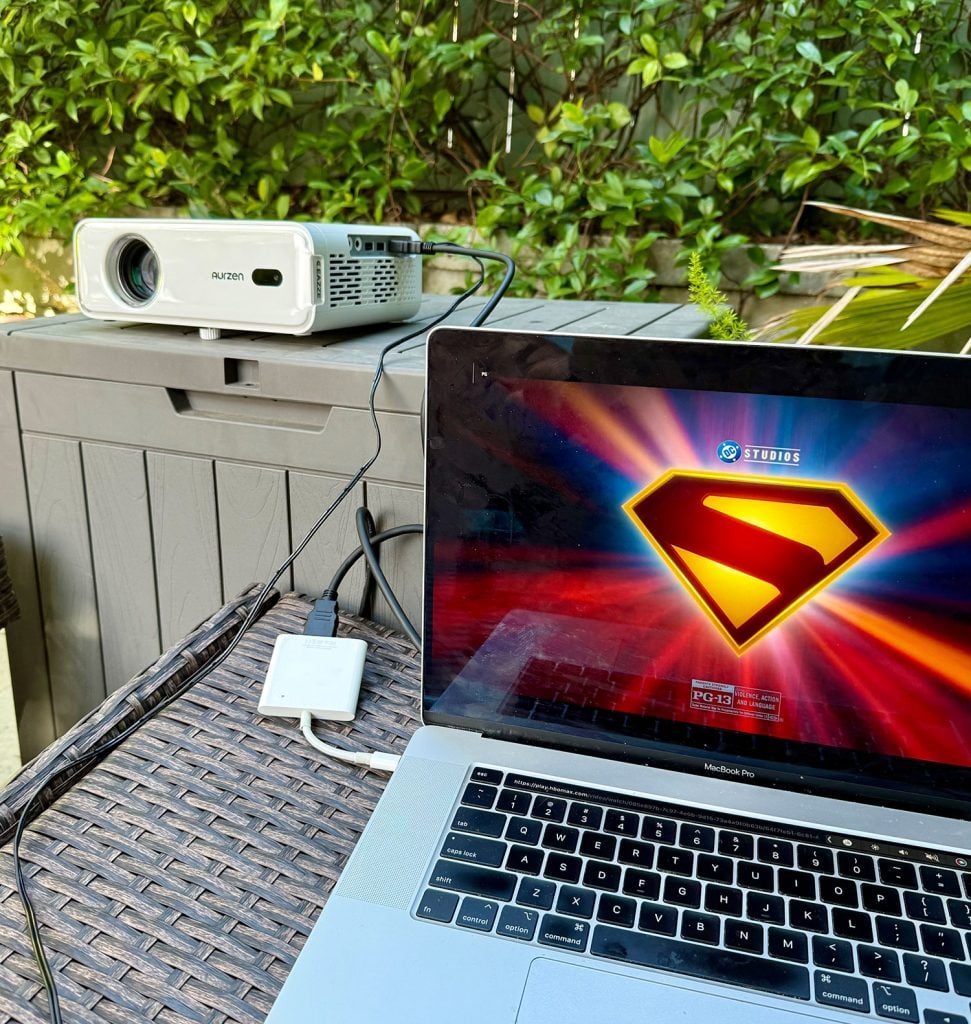 Laptop Connected To Outdoor Movie Projector via HDMI adapter