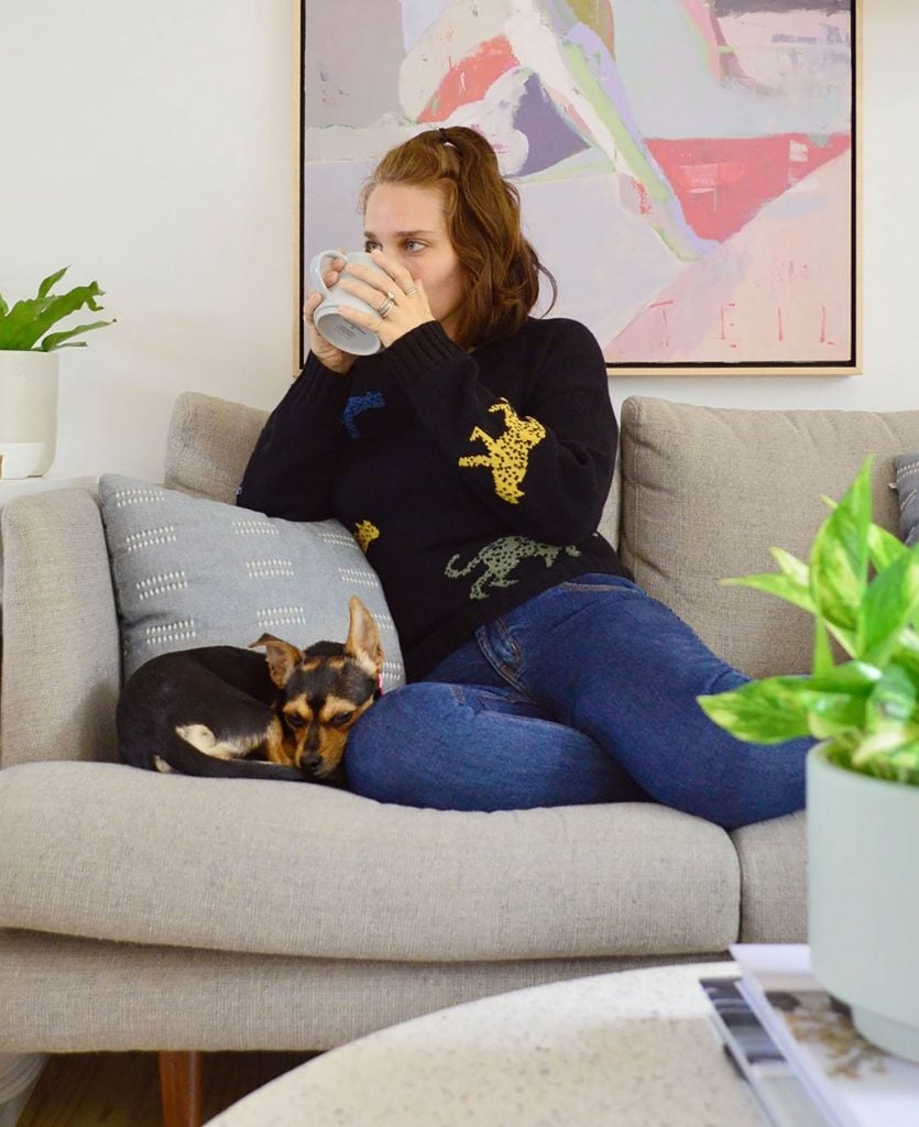 Sherry Sitting With Penny Dog On Couch Drinking Tea