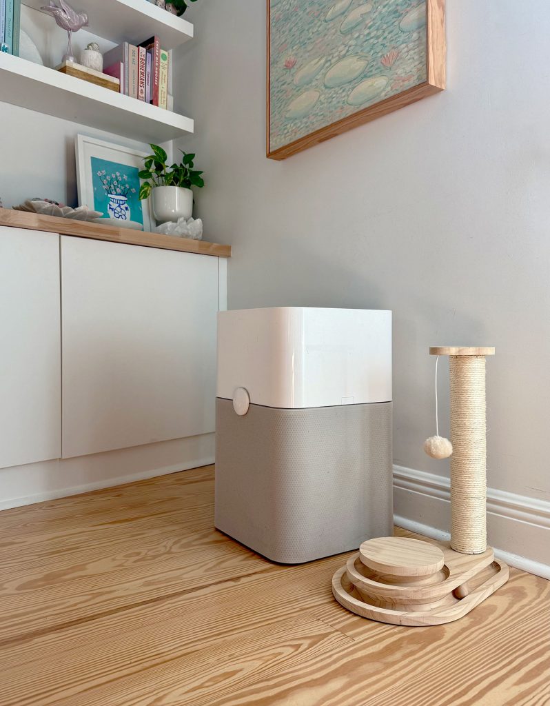 BlueAir Air Purifier On Floor Next to Cat Scratching Post