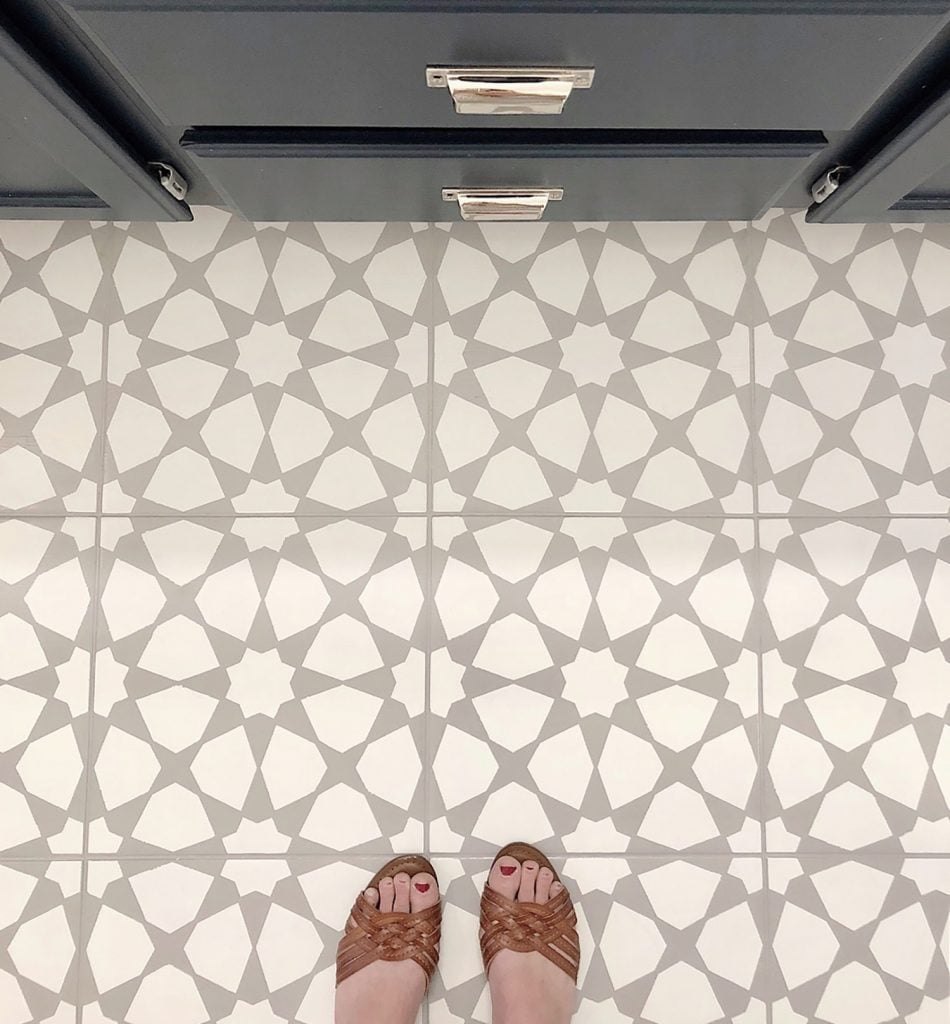 Angela Stenciled Bathroom Floor AFTER Overhead Toes