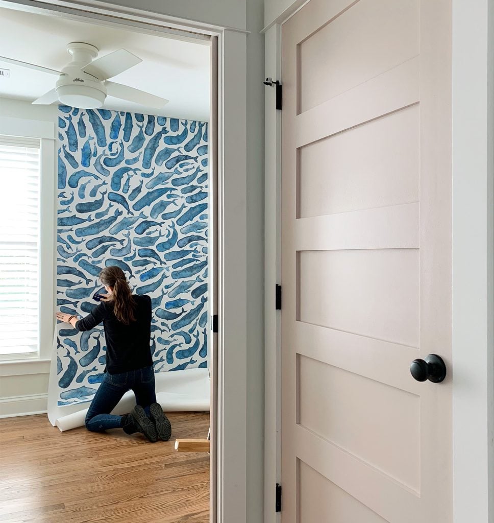 Sherry Smoothing Second Panel of Removable Wallpaper With Pink Door In Foreground