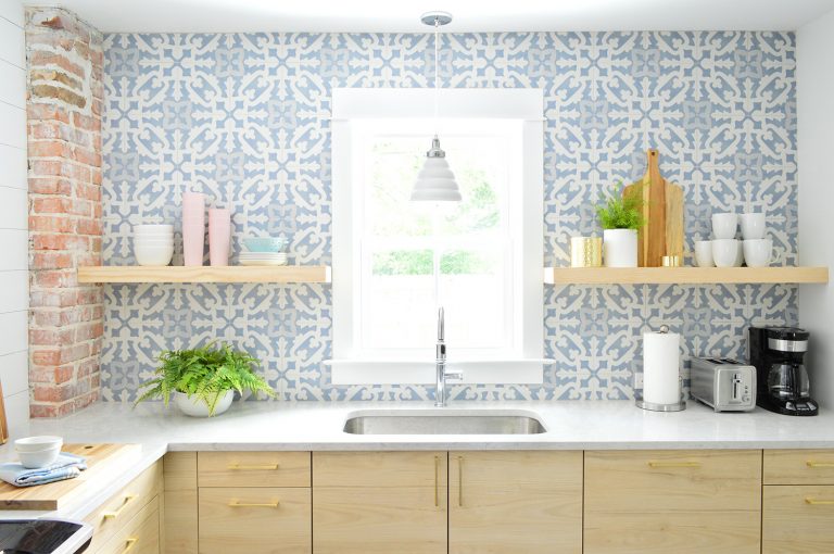 Blue Tile Backsplash With Open Wood Shelves In Duplex Kitchen
