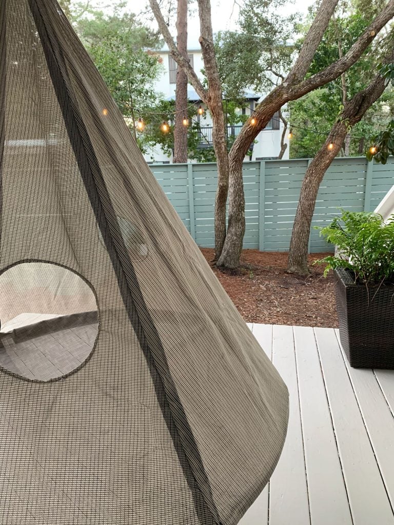 Detail of netted side of hanging porch tent