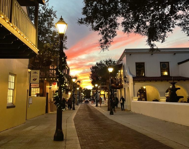 Sunset on St. Augustine Street at Christmas