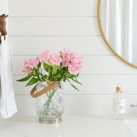 Shiplap Wall In Bathroom Painted Extra White With Round Gold Mirror Flowers