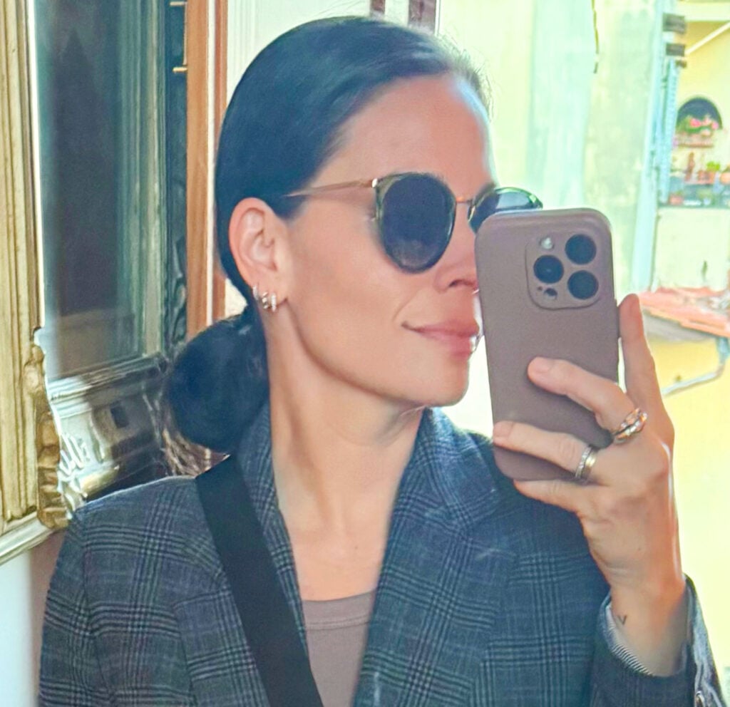 Sherry Mirror Selfie In Outfit For Italy Zoomed In Tweed Blazer Green Sunglasses