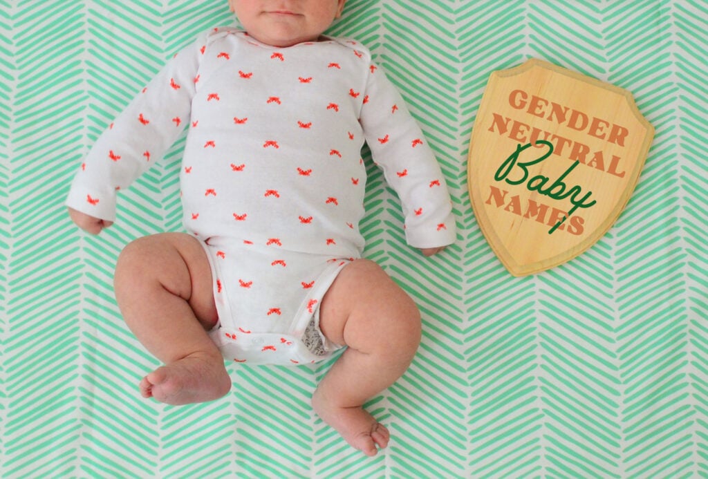 Baby On Green Backgroudn With Plaque Reading Gender Neutral Baby Names